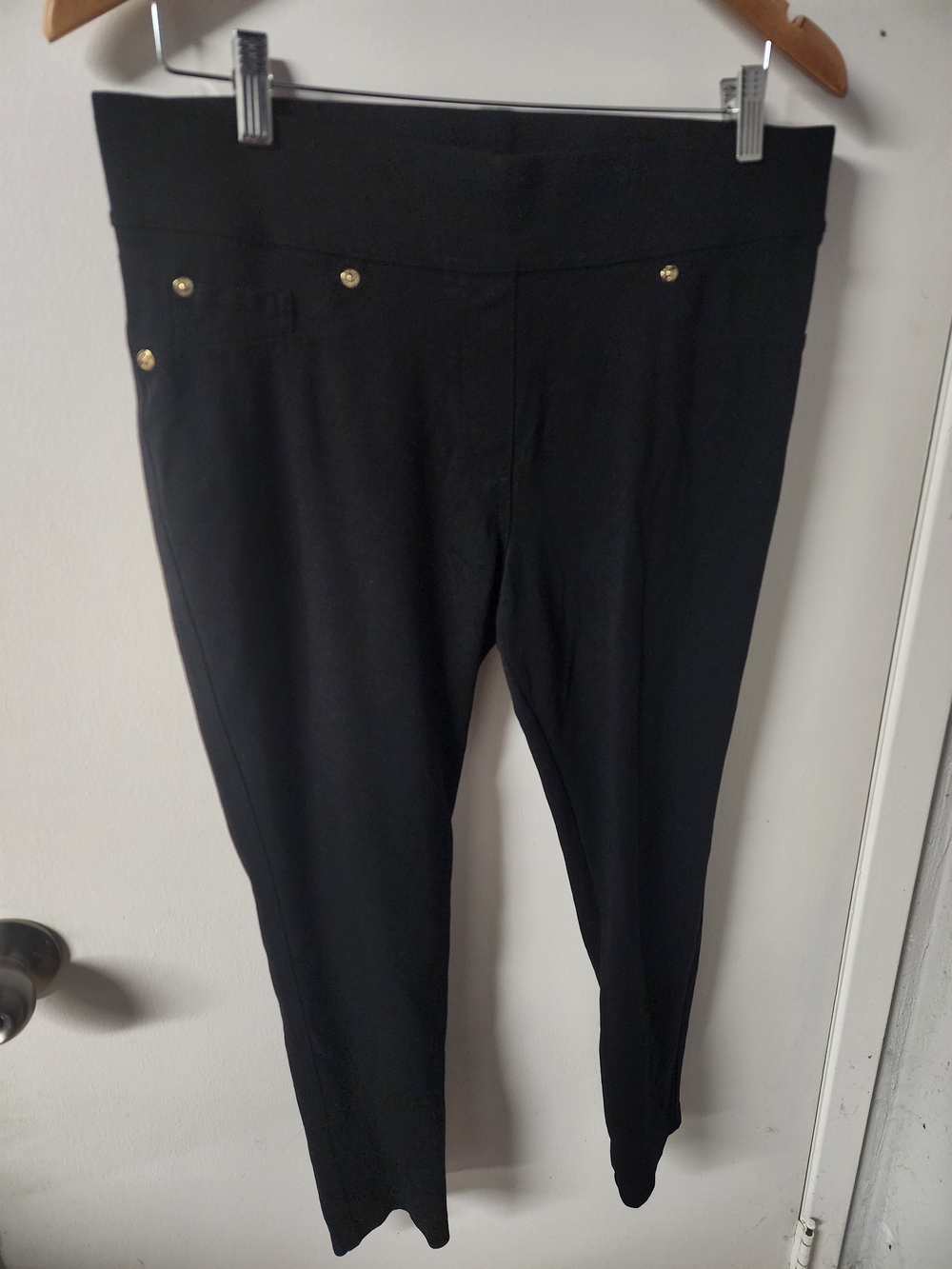 NYGÅRD Slims by Bianco Nygård Black Ponte Pull-On Pants with Gold Buttons